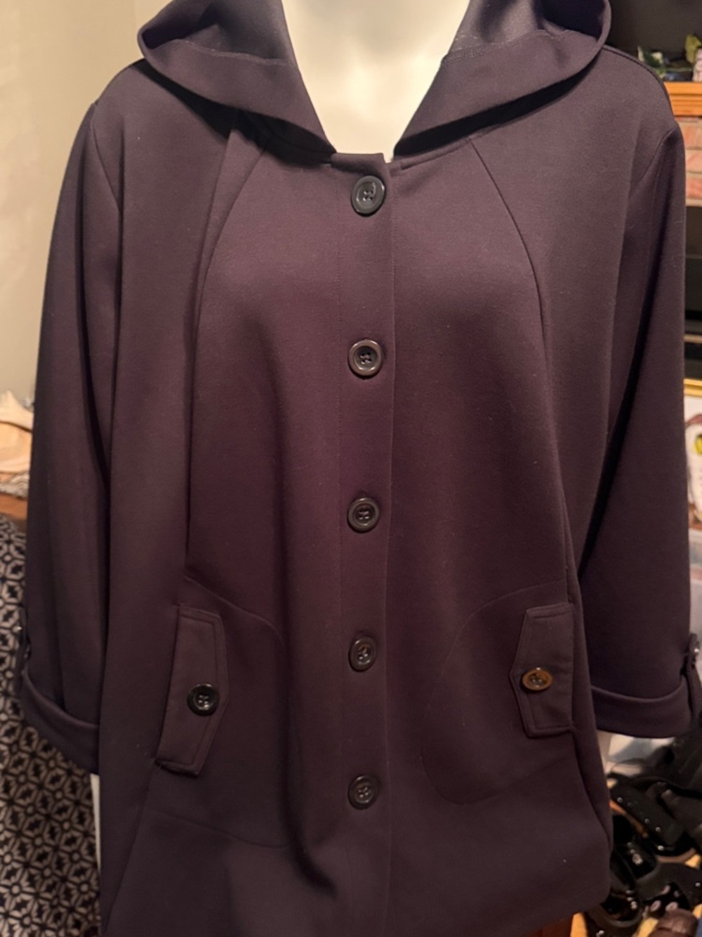 Christian Siriano Black Hooded Coat. Looks purple in pictures but is very black.